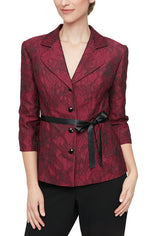 Petite 3/4 Sleeve Center Front Button Blouse with Collar and Tie Belt - alexevenings.com