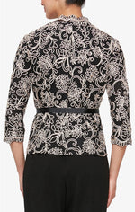 Petite 3/4 Sleeve Embroidered Blouse with Center Front Scallop Detail and Illusion Sleeves - alexevenings.com