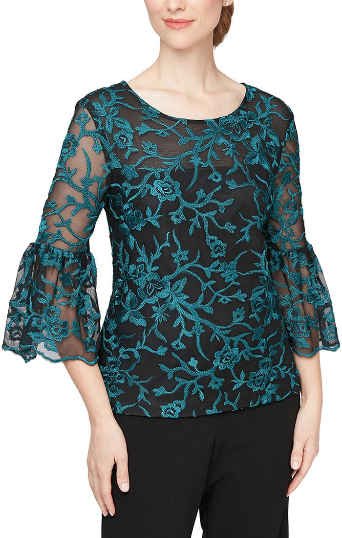 Petite 3/4 Sleeve Embroidered Blouse with Illusion Neckline and Bell Sleeves - alexevenings.com