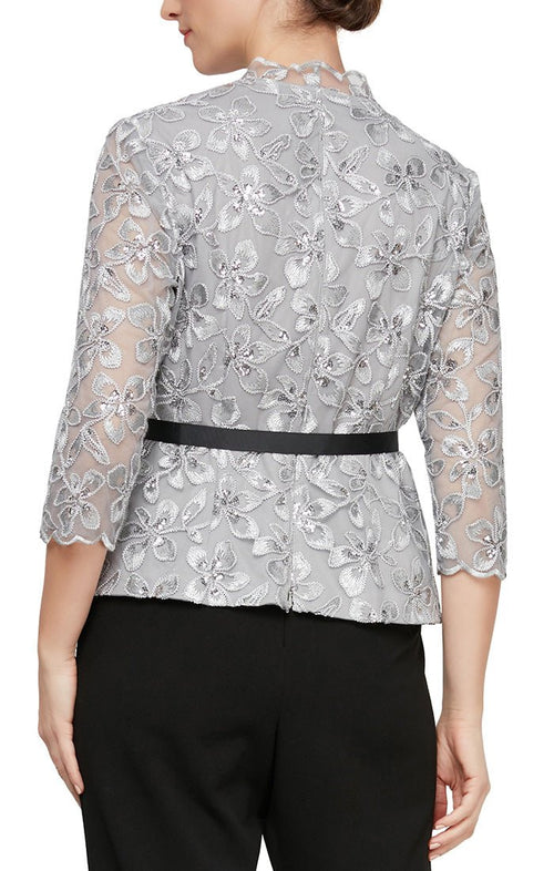 Petite 3/4 Sleeve Embroidered Surplice Neckline Blouse with Illusion Sleeves, Scallop Detail and Tie Belt - alexevenings.com