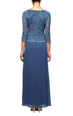Petite 3/4 Sleeve Lace and Chiffon Gown with Scalloped Lace Detail - alexevenings.com