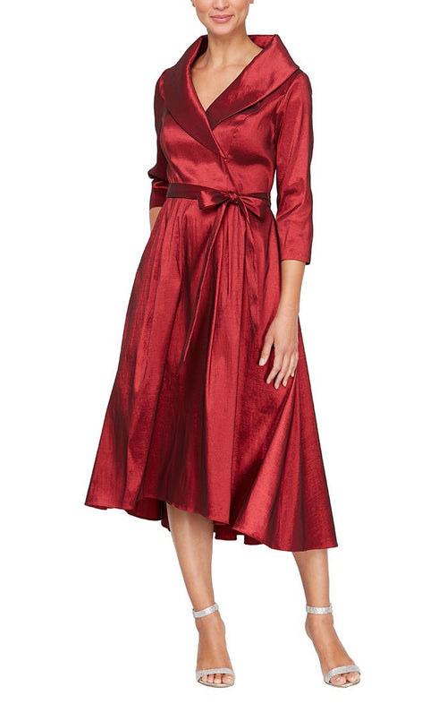 Petite - 3/4 Sleeve Portrait Collar Taffeta Dress with Full Skirt, Pockets and Tie Belt Detail - alexevenings.com