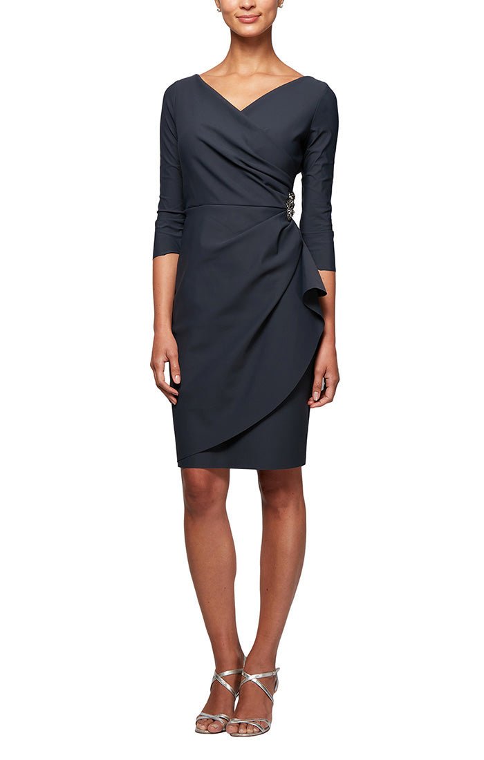 Petite Compression Collection Surplice Sheath Dress with Beaded
