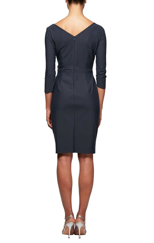 Petite 3/4 Sleeve Short Compression Collection Surplice Sheath Dress with Beaded Hip Detail & Cascade Ruffle Detail - alexevenings.com
