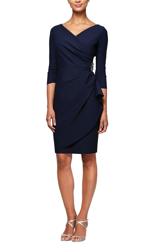 Petite 3/4 Sleeve Short Compression Collection Surplice Sheath Dress with Beaded Hip Detail & Cascade Ruffle Detail - alexevenings.com