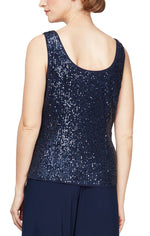 Petite 3/4 Sleeve Twinset with Open Cascade Ruffle Jersey Jacket and Scoop Neck Sequin Tank - alexevenings.com
