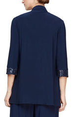 Petite 3/4 Sleeve Twinset with Open Cascade Ruffle Jersey Jacket and Scoop Neck Sequin Tank - alexevenings.com