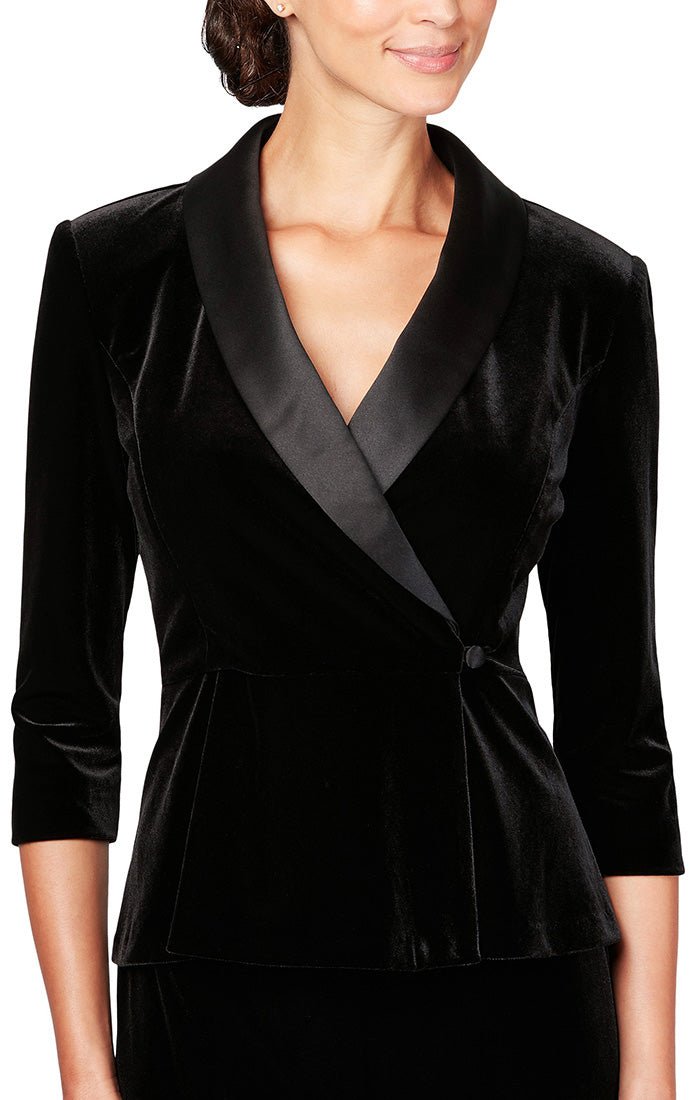 Petite - 3/4 Sleeve Velvet Blouse with Side Closure, Satin Collar & Modified Peplum Waist Detail - alexevenings.com