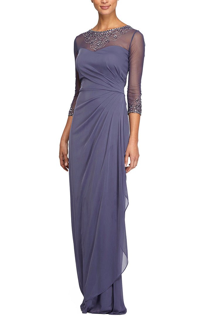 Petite A-Line Mesh Gown with Beaded Illusion Sweetheart Neckline & 3/4 Sleeves - alexevenings.com