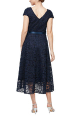 Petite - Cap Sleeve V-Neckline Dress with Full High/Low Hem Skirt and Tie Belt - alexevenings.com