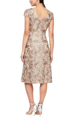 Petite Cocktail Dress in Rosette Lace with Cap Sleeves - alexevenings.com