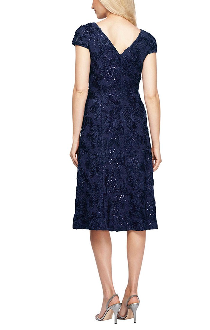Petite Cocktail Dress in Rosette Lace with Cap Sleeves - alexevenings.com
