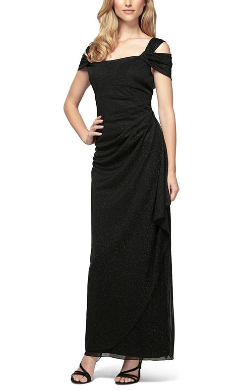 Petite Cold Shoulder Glitter Mesh Dress with Draped Skirt & Cowl Neckline - alexevenings.com