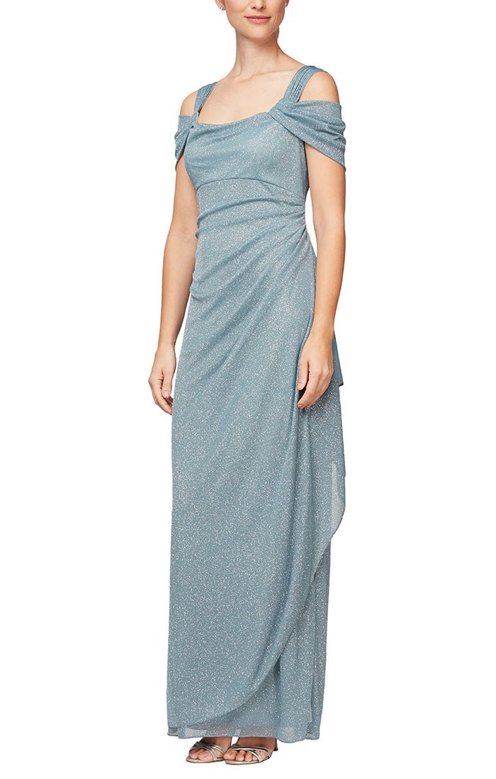 Petite Cold Shoulder Glitter Mesh Dress with Draped Skirt & Cowl Neckline - alexevenings.com