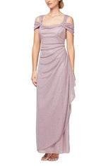 Petite Cold Shoulder Glitter Mesh Dress with Draped Skirt & Cowl Neckline - alexevenings.com