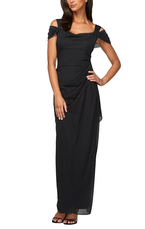 Petite Cold Shoulder Mesh Gown with Cowl Neckline & Overlay Skirt - alexevenings.com