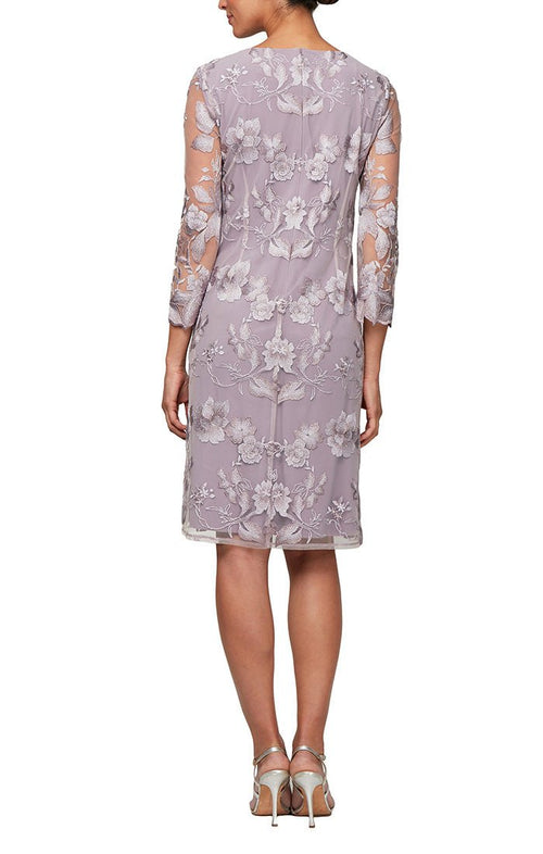 Petite Embroidered Elongated Lace Mock Jacket with Jersey Sheath Dress - alexevenings.com