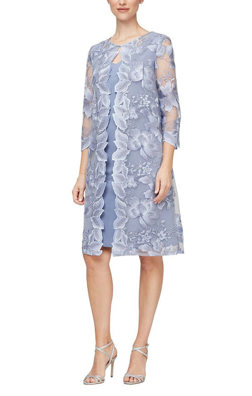 Petite - Embroidered Elongated Lace Mock Jacket with Jersey Sheath Dress - alexevenings.com