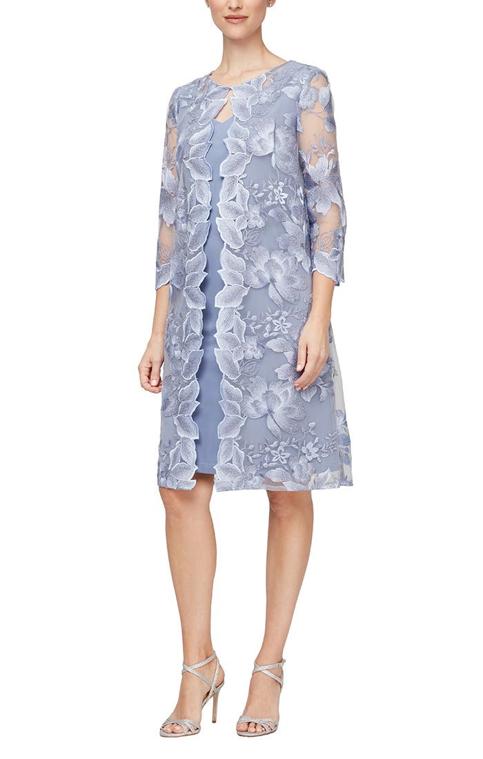 Petite - Embroidered Elongated Lace Mock Jacket with Jersey Sheath Dress - alexevenings.com