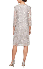 Petite Embroidered Mock Jacket Dress with Illusion Sleeves & Scallop Detail - alexevenings.com