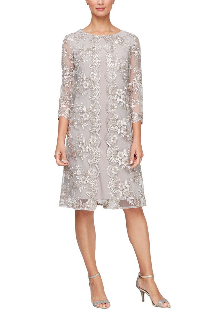 Petite Embroidered Mock Jacket Dress with Illusion Sleeves & Scallop Detail - alexevenings.com
