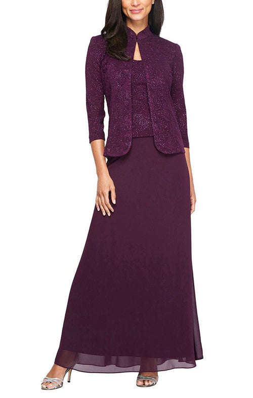 Petite Jacquard Knit Long Dress and Mandarin Jacket - alexevenings.com