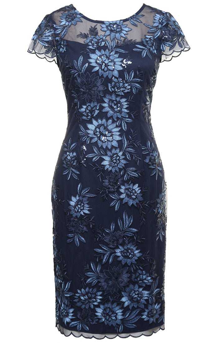 Petite - Knee Length Embroidered Cap Sleeve Lace Cocktail Dress with Illusion Neckline and Scallop - alexevenings.com
