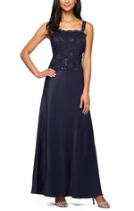 Petite Lace & Satin Gown with Sheer 3/4 Sleeve Scalloped Lace Jacket - alexevenings.com