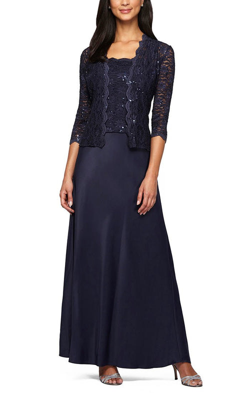 Petite Lace & Satin Gown with Sheer 3/4 Sleeve Scalloped Lace Jacket - alexevenings.com
