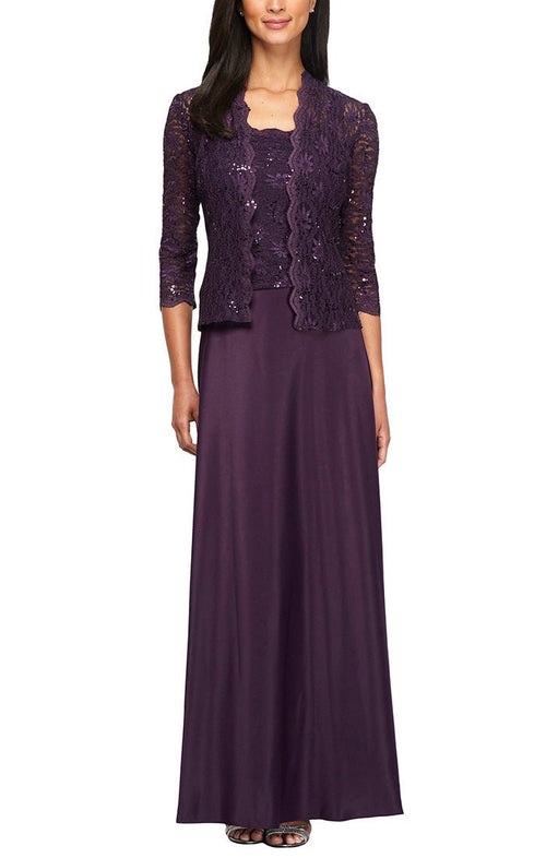 Petite Lace & Satin Gown with Sheer 3/4 Sleeve Scalloped Lace Jacket - alexevenings.com