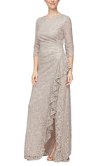 Petite Long A-Line Dress with 3/4 Sleeves and Cascade Detail Front Slit - alexevenings.com