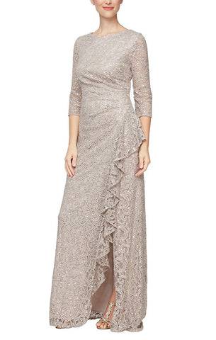 Petite A Line Dress with 3 4 Sleeves and Cascade Detail Front Slit