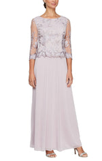 Petite - Long A-Line Embroidered Mock Dress with Scallop Detail and 3/4 Sleeves - alexevenings.com