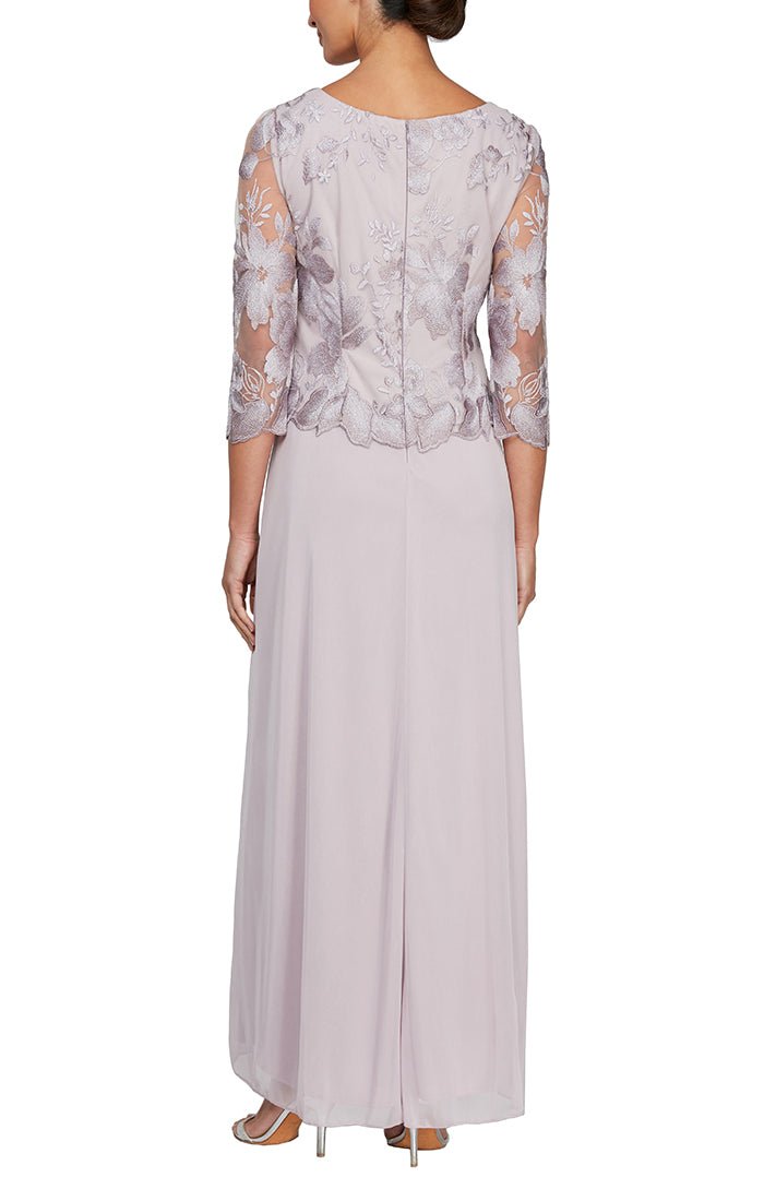 Petite - Long A-Line Embroidered Mock Dress with Scallop Detail and 3/4 Sleeves - alexevenings.com