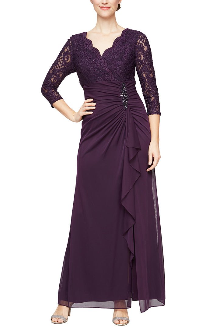 Petite Long A-Line Empire Waist Lace & Mesh Dress with Surplice Neckline, Beaded Ruched Detail Cascade Skirt & Illusion Sleeves - alexevenings.com