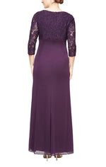 Petite Long A-Line Empire Waist Lace & Mesh Dress with Surplice Neckline, Beaded Ruched Detail Cascade Skirt & Illusion Sleeves - alexevenings.com