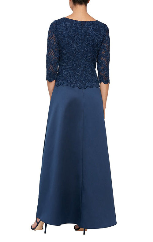 Petite - Long A-Line Lace & Satin Gown with Scallop Detail and Illusion Sleeves - alexevenings.com