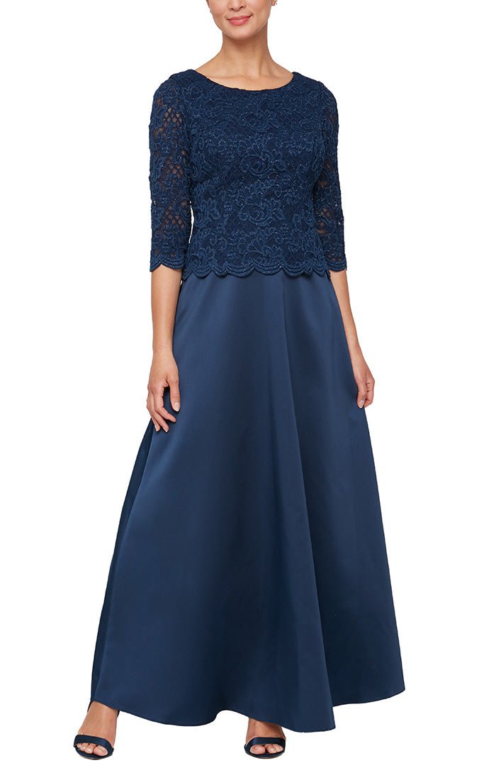 Petite - Long A-Line Lace & Satin Gown with Scallop Detail and Illusion Sleeves - alexevenings.com