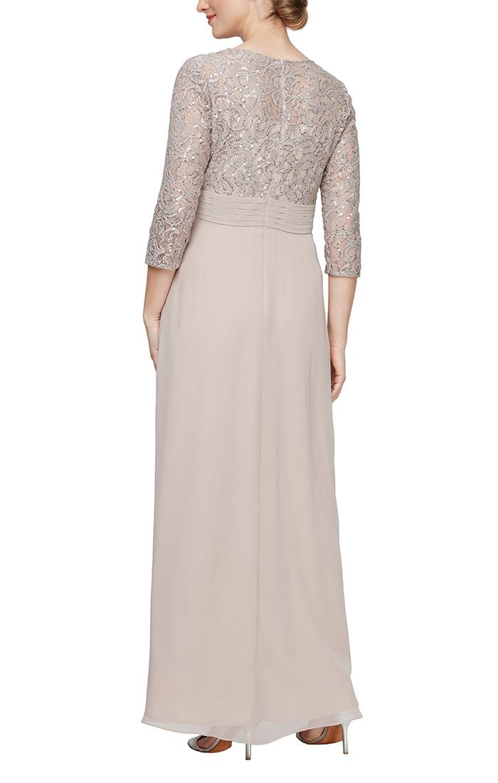 Petite Long A-Line Sequin Lace Empire Waist Dress with Pleated Detail and Overlay Skirt - alexevenings.com