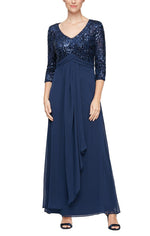 Petite Long A-Line V-Neck Dress With Empire Waistline and Cascade Detail Skirt - alexevenings.com