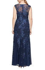 Petite Long Cap Sleeve Embroidered Dress with Illusion Neckline and Godet Detail Skirt - alexevenings.com