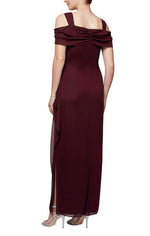 Petite Long Cold Shoulder Mesh Dress with Cowl Neckline, Overlay Cascade Skirt and Embellished Detail at Hip - alexevenings.com