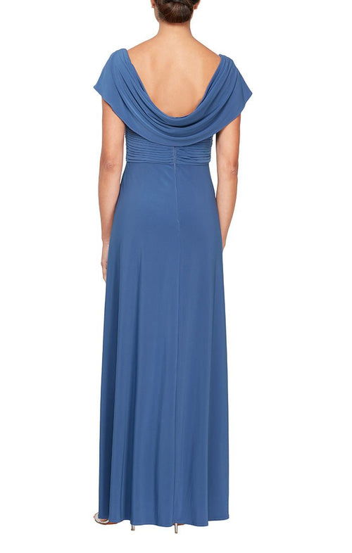 Petite Long Cowl Neck A-Line Matte Jersey Dress with Pleated Bodice Detail, Cowl Back, and Embellishment Detail - alexevenings.com