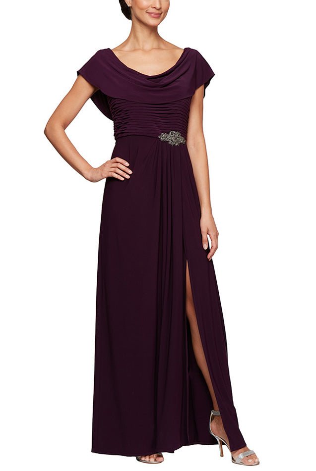 Petite Long Cowl Neck A-Line Matte Jersey Dress with Pleated Bodice Detail, Cowl Back, and Embellishment Detail at Waist - alexevenings.com