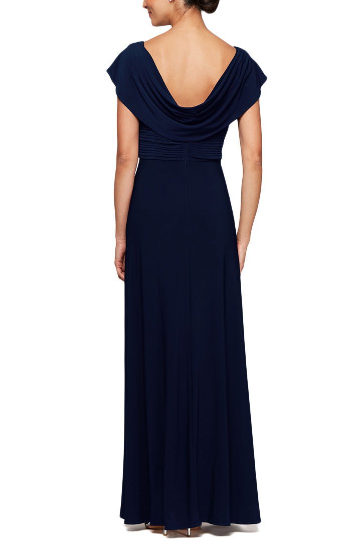 Petite Long Cowl Neck A-Line Matte Jersey Dress with Pleated Bodice Detail, Cowl Back, and Embellishment Detail at Waist - alexevenings.com