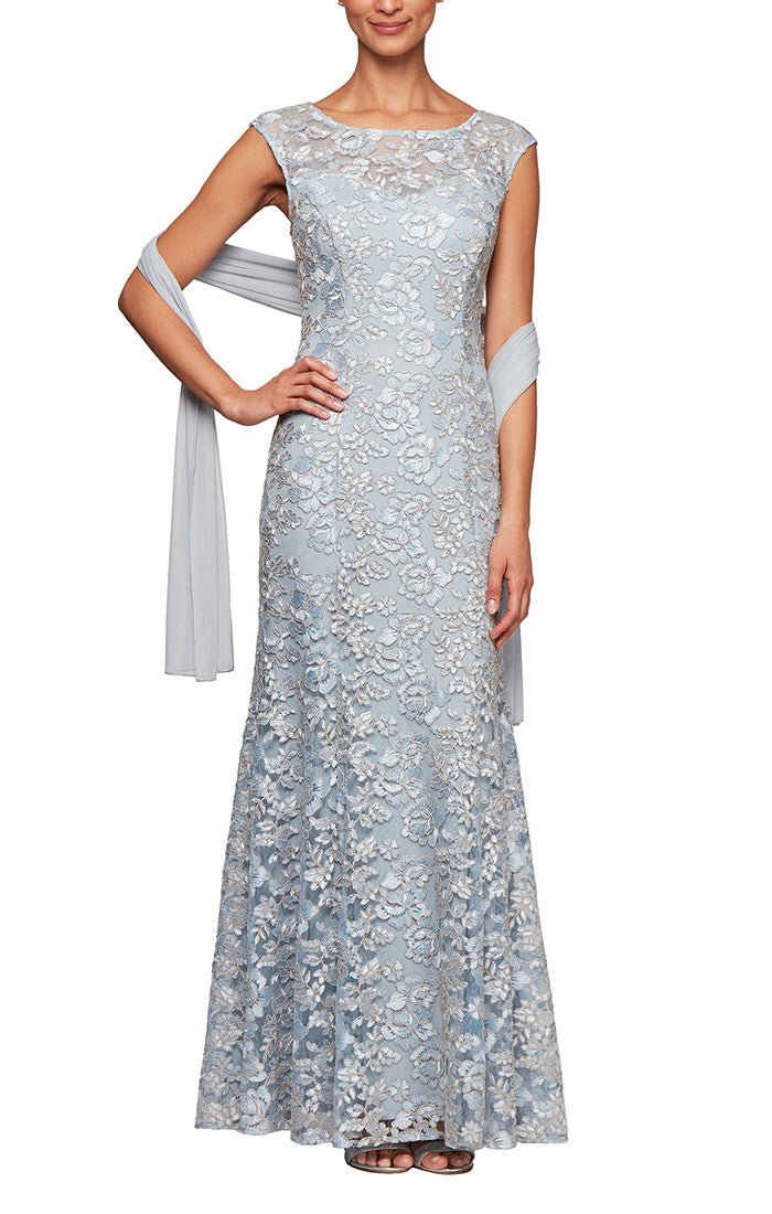 Petite Long Embroidered Fit and Flare Dress with Illusion Neckline and Shawl - alexevenings.com