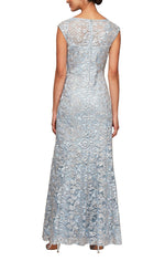 Petite Long Embroidered Fit and Flare Dress with Illusion Neckline and Shawl - alexevenings.com