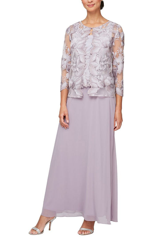 Petite Long Embroidered Jacket Dress with Illusion Jacket, Scallop Detail and A-Line Skirt - alexevenings.com