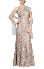 Petite Long Embroidered Sleeveless Dress With Sweetheart Illusion Neckline and Shawl - alexevenings.com