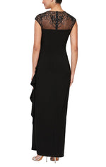 Petite Long Empire Waist Dress With Embellished and Embroidered Illusion Neckline/Back Detail and Cascade Detail Skirt - alexevenings.com